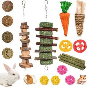 20 PCS Bunny Chew Toys for Teeth, Natural Rabbit Toys Apple Wood Grass Timothy S